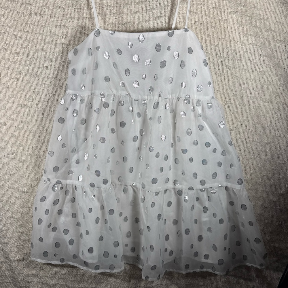 Forever 21 Womens Small Dress White Babydoll Tiered Sheer Party Lined Polka Dot